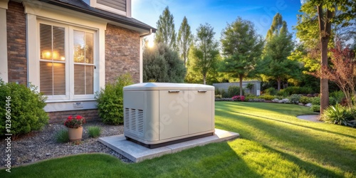 A Home standby generator is installed in the backyard of a house with a modern suburban home exterior and lush greenery surrounding it , house installation, electrical system