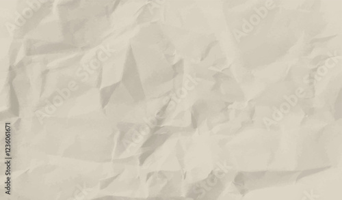 Blank neutral light beige crumpled paper, vector background texture. Wrinkled worn sheet