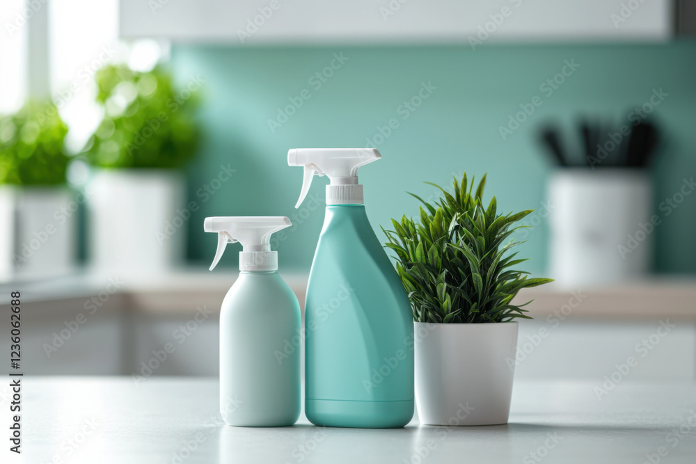 Modern cleaning products with a touch of greenery in a minimalist kitchen setting. Modern cleaning products with a touch of greenery in a minimalist kitchen setting.