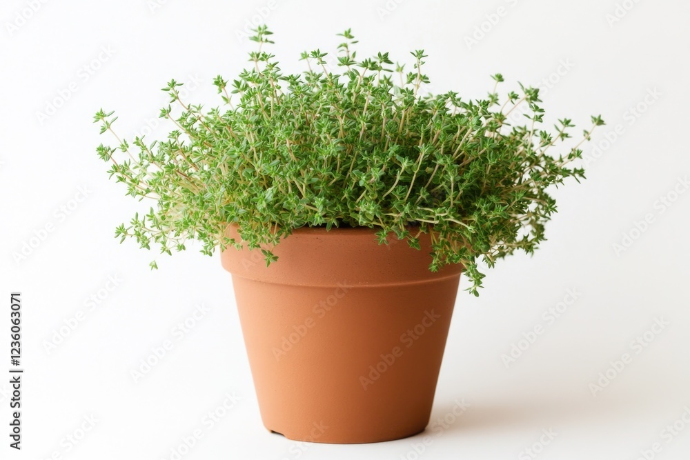 A potted plant with green leaves sits on a white surface, perfect for using in home decor or design concepts A potted plant with green leaves sits on a white surface, perfect for using in home decor or design concepts