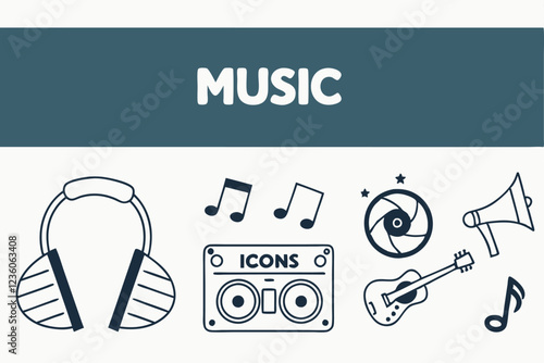 A long, horizontal image with a dark blue header and a light blue footer, featuring minimalist black line icons representing various music-related concepts, such as a speaker, headphones, a microphone