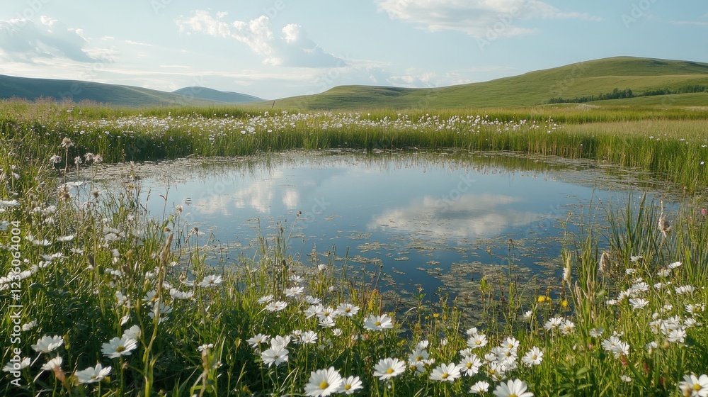 A serene landscape featuring a pond surrounded by wildflowers under a blue sky. A serene landscape featuring a pond surrounded by wildflowers under a blue sky.