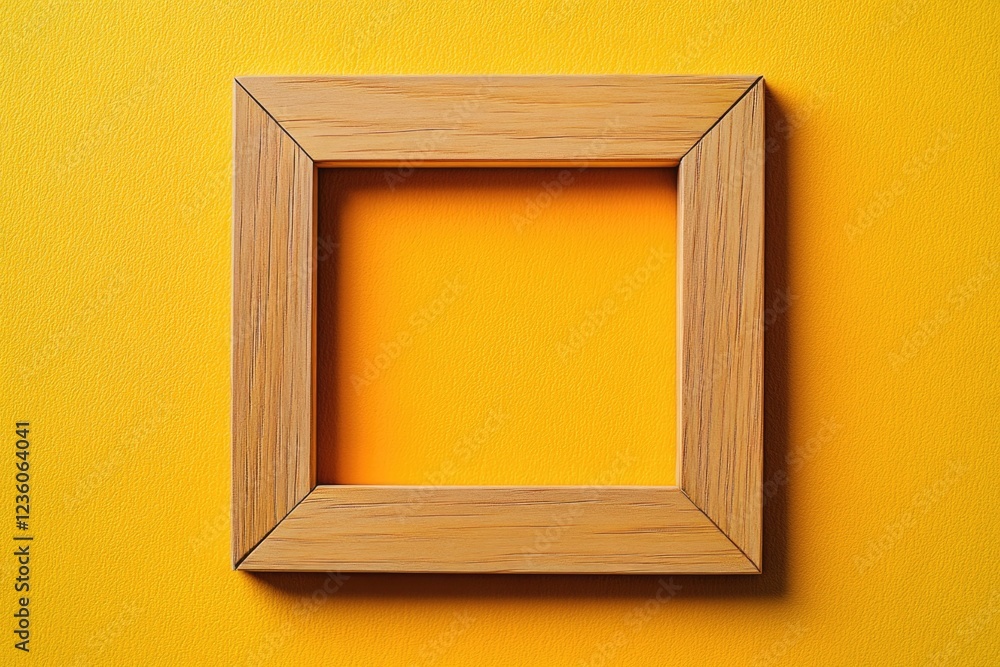 A wooden picture frame leaning against a bright yellow wall, perfect for displaying personal photos or artwork A wooden picture frame leaning against a bright yellow wall, perfect for displaying personal photos or artwork