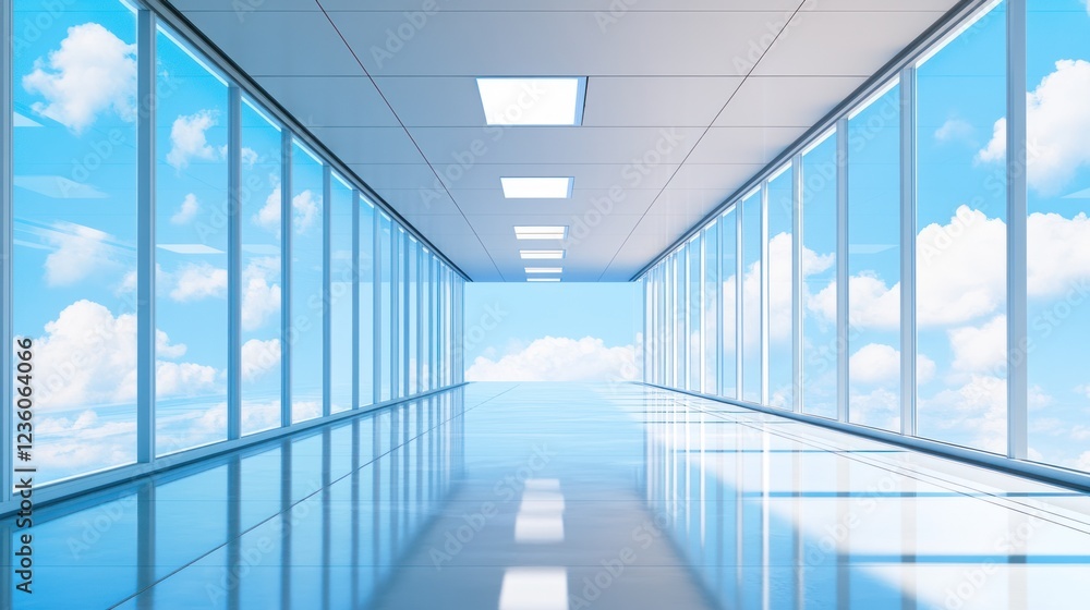 Modern office corridor, sky view, bright, spacious, reflection, architecture, design, marketing Modern office corridor, sky view, bright, spacious, reflection, architecture, design, marketing