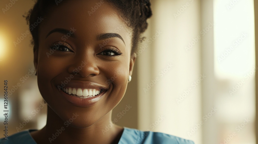 Smiling healthcare worker portrait, clinic, bright window Smiling healthcare worker portrait, clinic, bright window