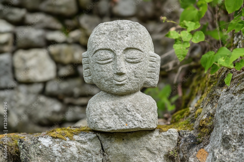 A stone statue sitting atop a stone wall, providing a sense of ancient history and mystery A stone statue sitting atop a stone wall, providing a sense of ancient history and mystery