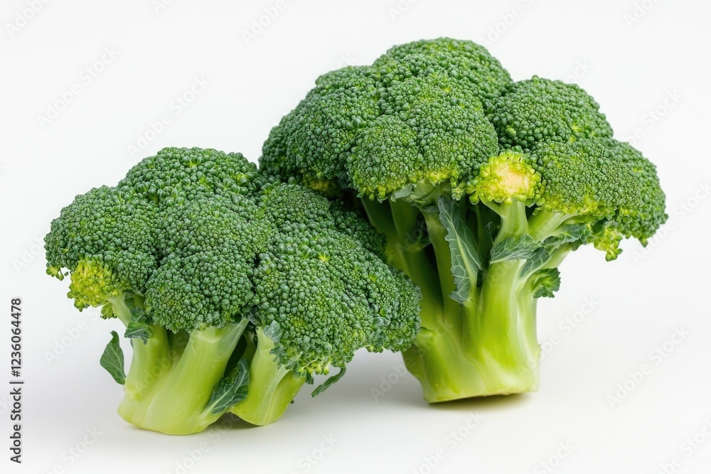 A bunch of fresh broccoli florets arranged on a clean white surface A bunch of fresh broccoli florets arranged on a clean white surface