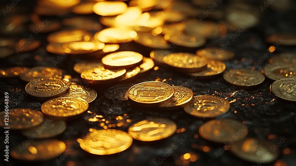 Gold coins, scattered on the ground, shimmering with golden light, close-up shot, dark background Gold coins, scattered on the ground, shimmering with golden light, close-up shot, dark background
