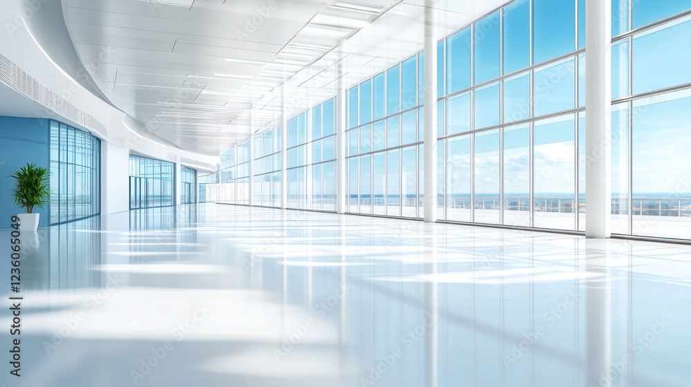 Modern building lobby, panoramic windows, city view, bright sunlight, architectural design Modern building lobby, panoramic windows, city view, bright sunlight, architectural design
