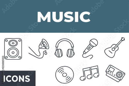  A long, horizontal image with a dark blue header and a light blue footer, featuring a grid of 45 minimalist black line icons representing various music-related concepts, such as a speaker, headphones