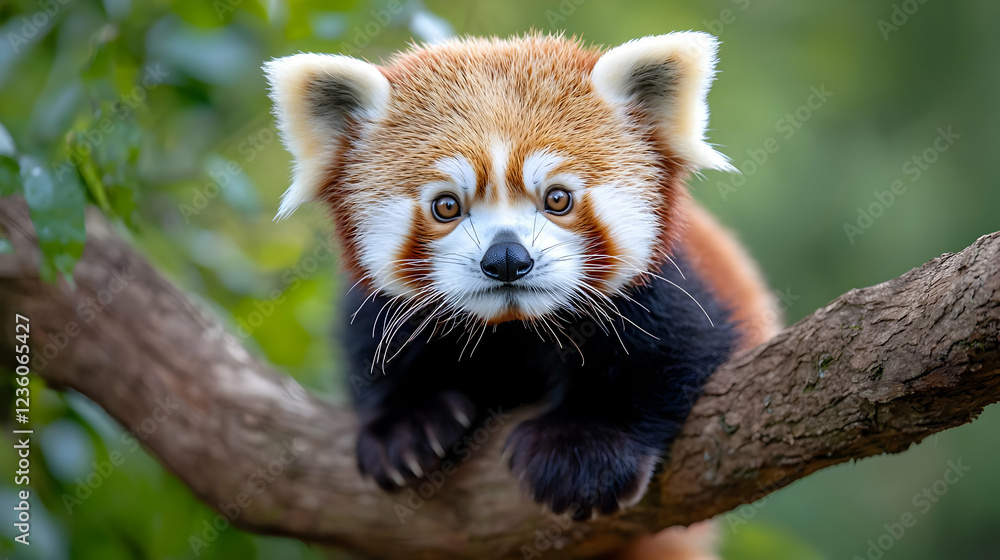 Fototapeta premium Red panda cub on branch, lush forest background, wildlife photography, nature