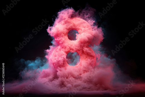 Glowing number eight in pink and blue smoke on black background