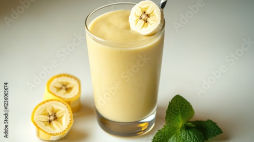 Fresh banana smoothie with sliced bananas and mint leaves, perfect for a quick snack or healthy drink