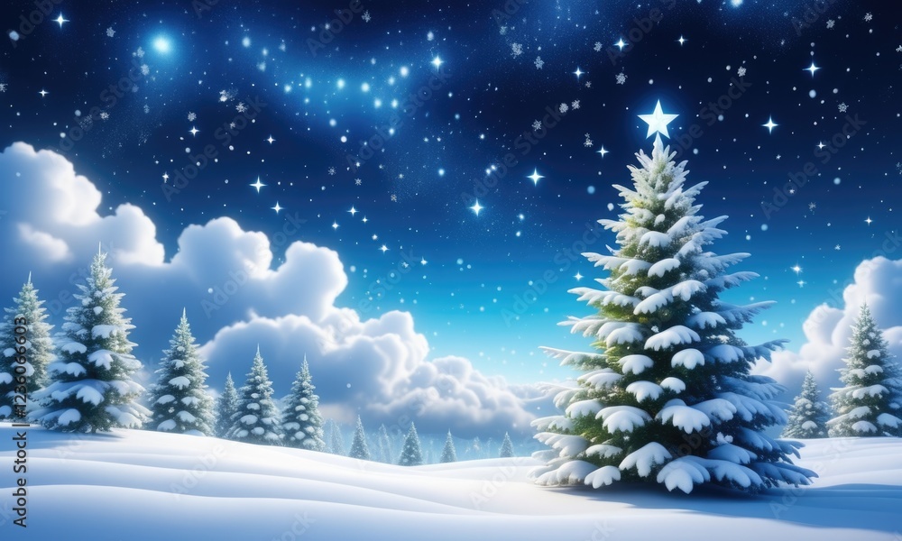 Enchanting winter wonderland: snowy night with starlit sky and evergreen trees Enchanting winter wonderland: snowy night with starlit sky and evergreen trees
