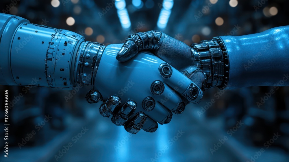Robotic handshake, factory, collaboration, future tech Robotic handshake, factory, collaboration, future tech