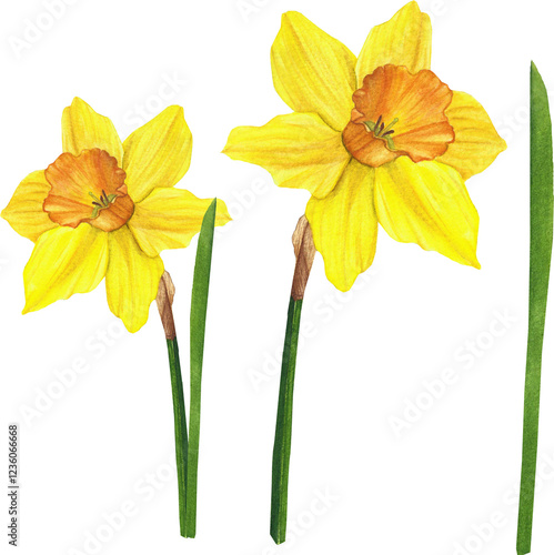 yellow narcissus flower with a leaf, watercolor illustration for textiles, tableware
