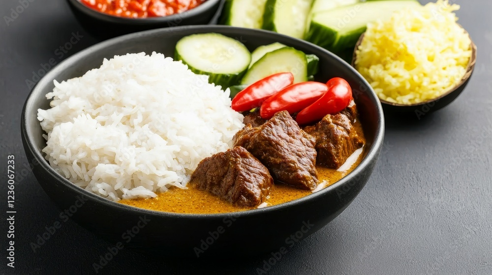 Famous Food of Indonesia concept. Delicious beef curry served with rice and fresh vegetables in a black bowl. Famous Food of Indonesia concept. Delicious beef curry served with rice and fresh vegetables in a black bowl.