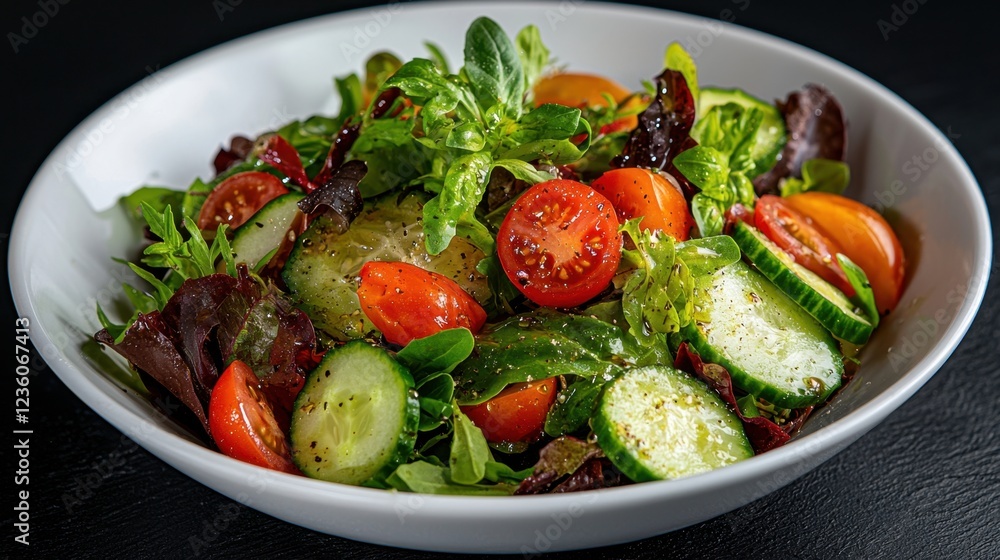 A vibrant salad features crisp lettuce, ripe cherry tomatoes, and sliced cucumbers, creating a colorful and healthy dish perfect for any meal. Fresh ingredients shine in this presentation