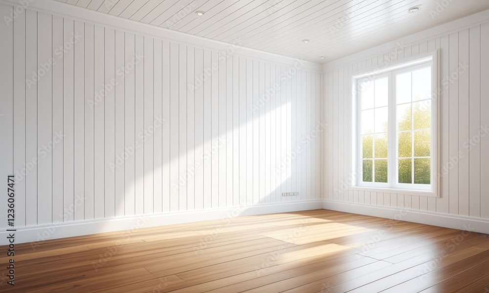 Fototapeta premium Bright sunlit minimalist room with white paneling and large window overlooking nature