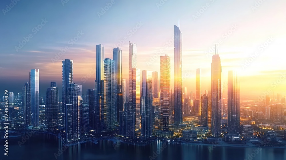 Obraz premium A futuristic cityscape at sunrise, with skyscrapers and buildings made of transparent glass reflecting the golden light of dawn. 