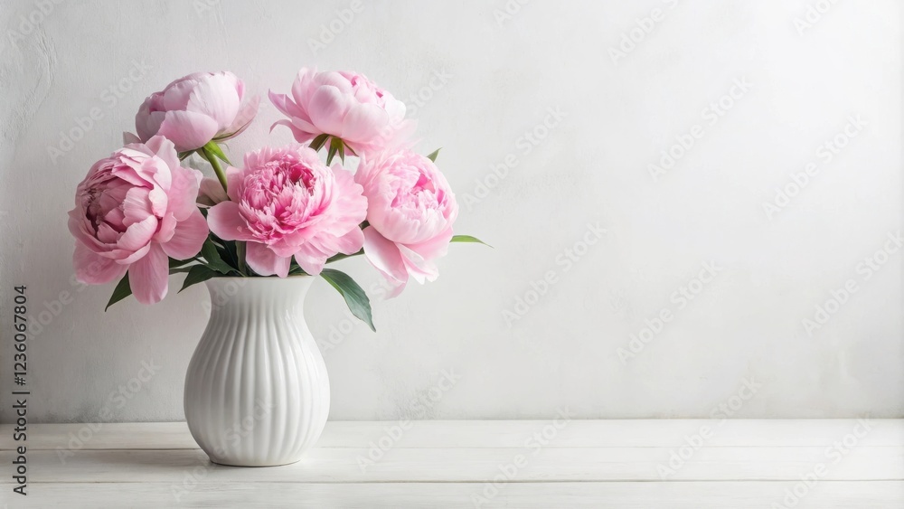 Delicate pink peonies arranged in a white vase on a white wooden table against a light background. Delicate pink peonies arranged in a white vase on a white wooden table against a light background.