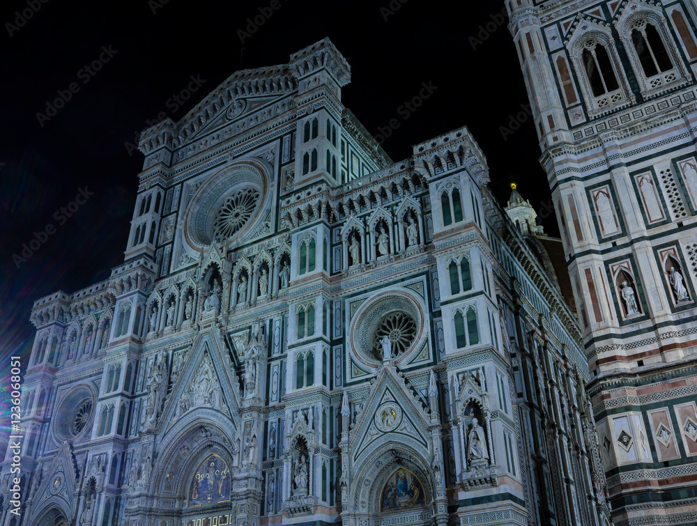 A nighttime view of the cathedral of Florence
