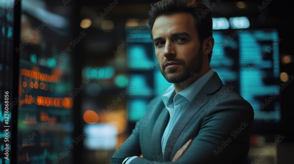 Fototapeta premium Confident trader, stock exchange, night, data, finance