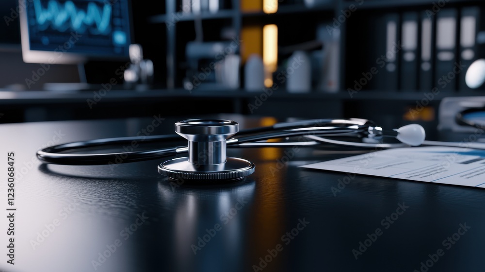 Obraz premium A stethoscope is placed on a dark surface in a contemporary medical office. Charts and a computer with data analysis are visible, indicating a clinical environment