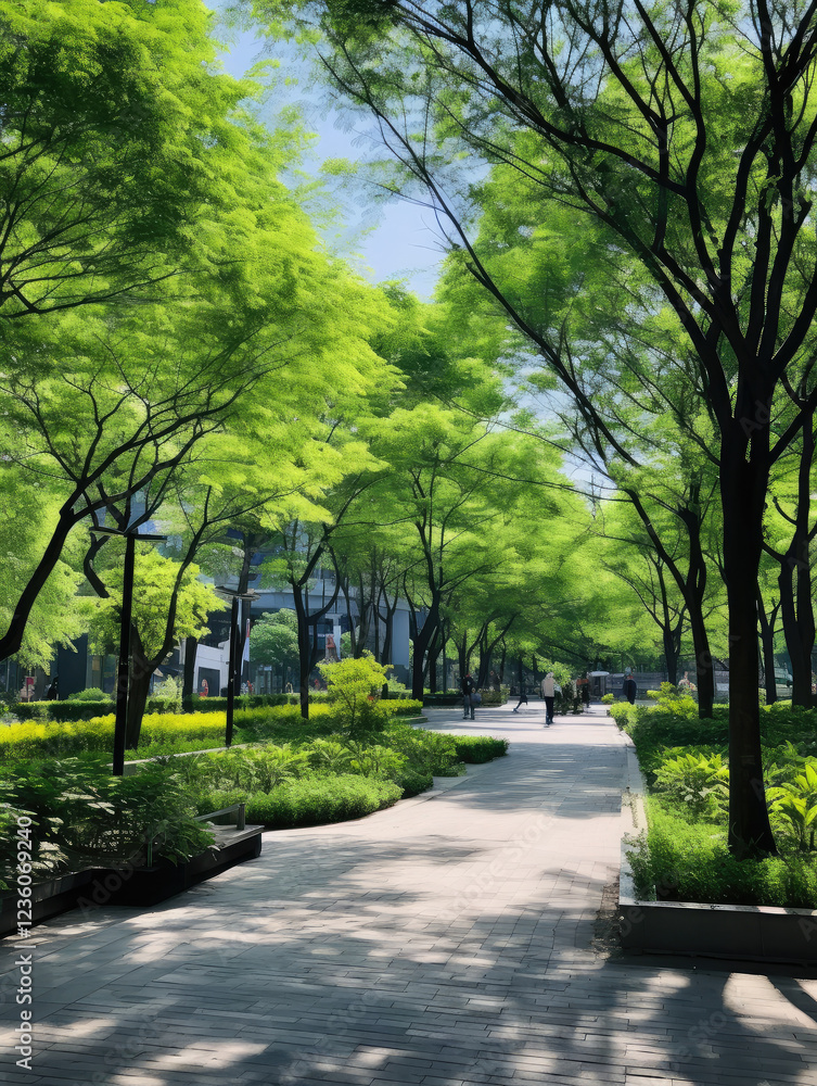 Obraz premium Serene Walkway Amidst Lush City Greenery