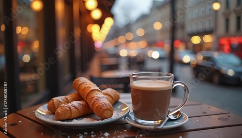 Glass mug of hot cocoa with croissants on street cafe table, cozy urban morning vibe photo