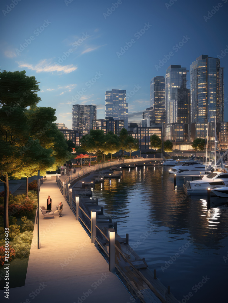 Obraz premium Tranquil Cityscape and Marina at Twilight