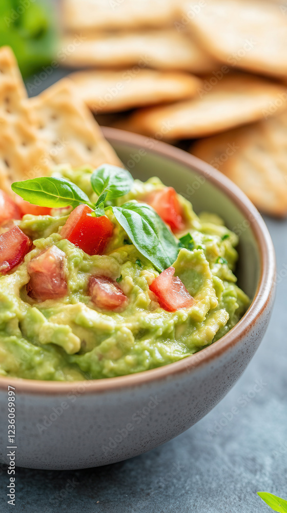 A bowl of fresh guacamole topped with diced tomatoes served with whole grain crackers for a nutritious snack A bowl of fresh guacamole topped with diced tomatoes served with whole grain crackers for a nutritious snack