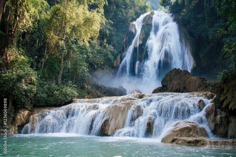 Fototapeta premium A large waterfall cascading down in a dense forest