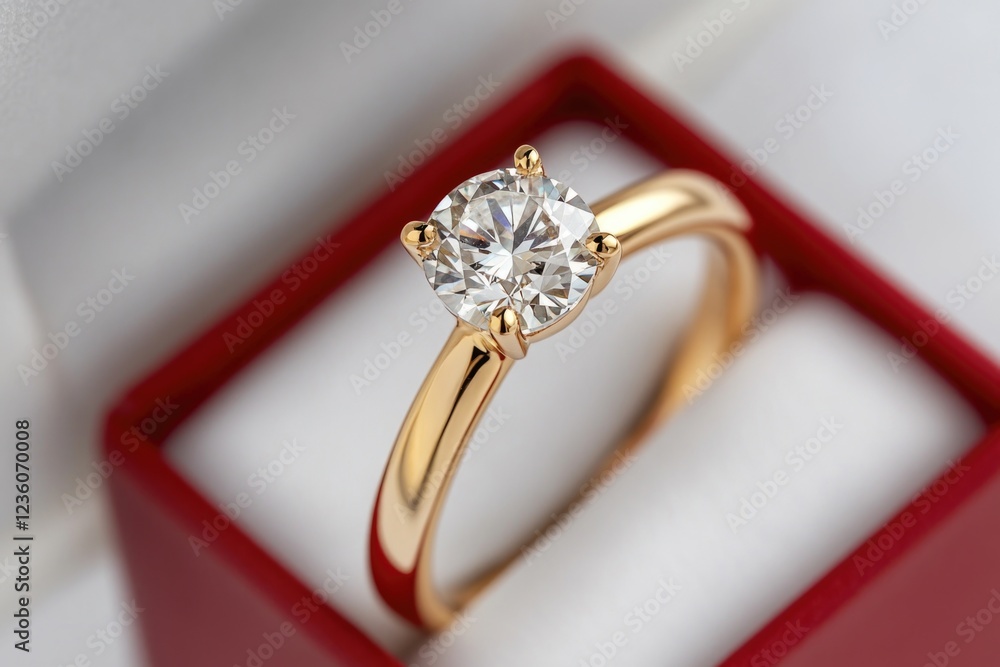 A gold ring with a sparkling diamond set in a red jewelry box, ideal for showcasing engagement rings or as a prop for photography shoots A gold ring with a sparkling diamond set in a red jewelry box, ideal for showcasing engagement rings or as a prop for photography shoots