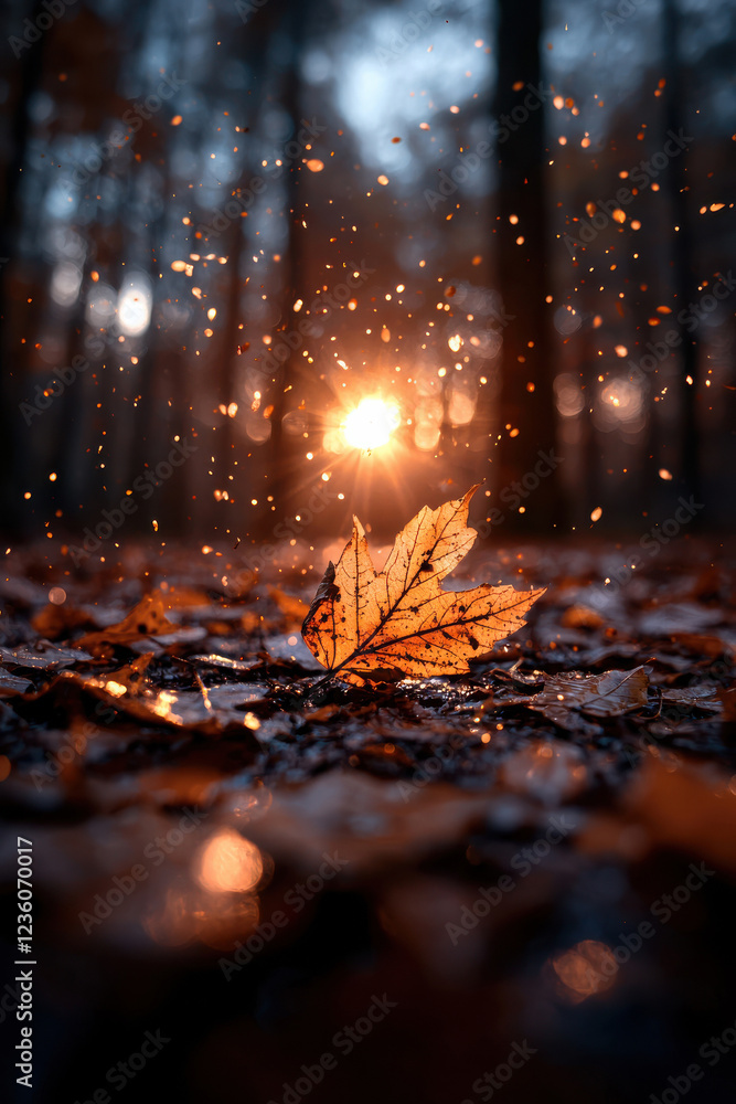 Autumn leaf with sunburst and sparkling water droplets in forest setting Autumn leaf with sunburst and sparkling water droplets in forest setting