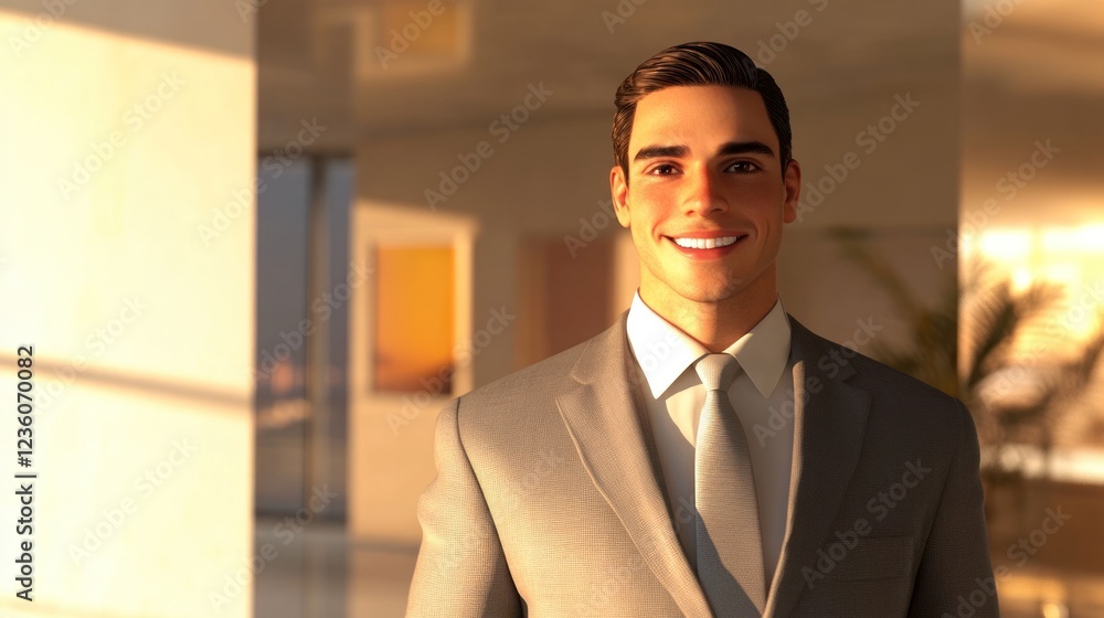 Smiling businessman, modern office, sunset, digital avatar, profile picture
