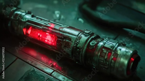 Close-up of a red lightsaber emitting vibrant light, with a detailed silver handle resting on a dark surface photo