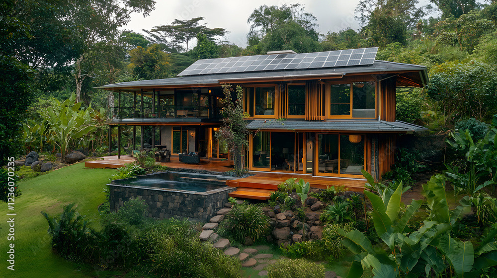 A sustainable and energy-efficient home with solar panels, located in a lush, natural environment, supporting green living practices. A sustainable and energy-efficient home with solar panels, located in a lush, natural environment, supporting green living practices.