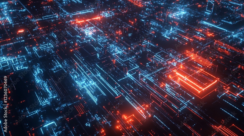 Abstract digital network background with interconnected glowing blue and red lines Abstract digital network background with interconnected glowing blue and red lines
