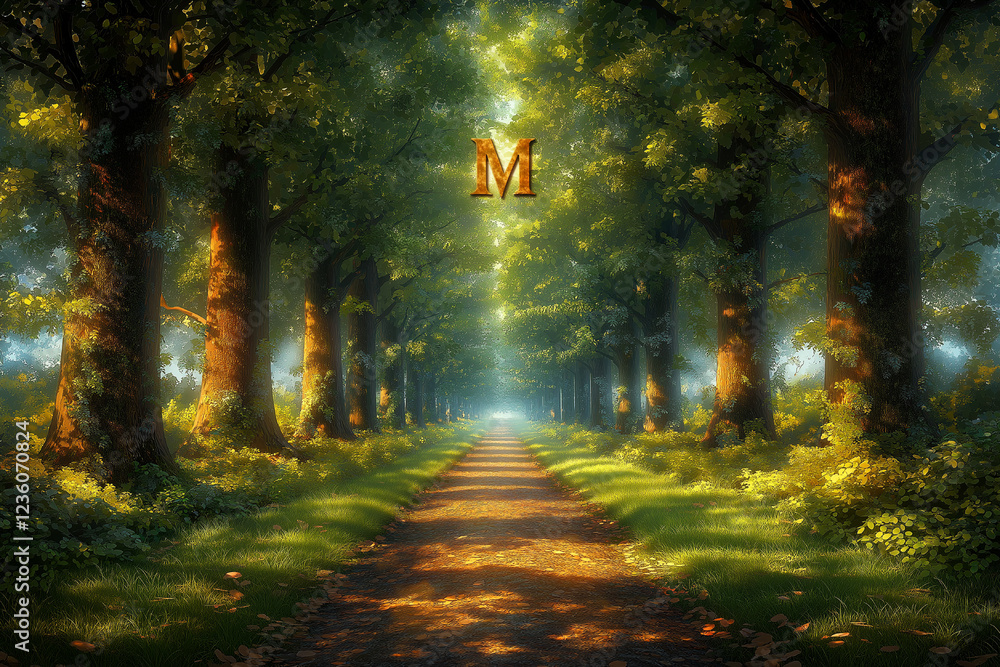 Naklejka premium Enchanted Forest Path: Sunlit Canopy and Mystical 'M'