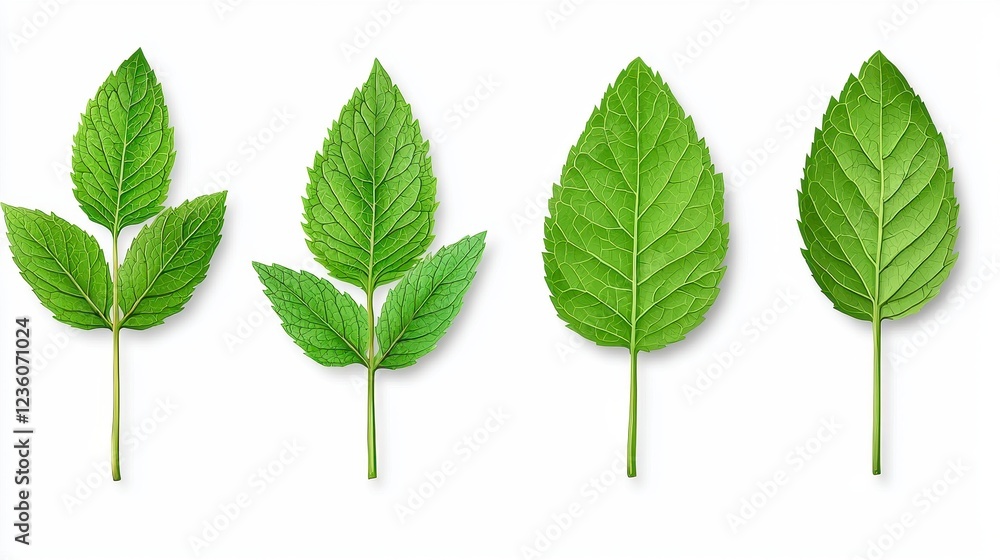 Four Green Leaves on White Background Detailed Closeup Four Green Leaves on White Background Detailed Closeup