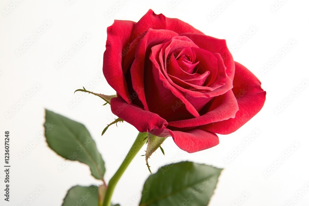 A single long-stemmed red rose surrounded by green leaves sits in a decorative vase A single long-stemmed red rose surrounded by green leaves sits in a decorative vase