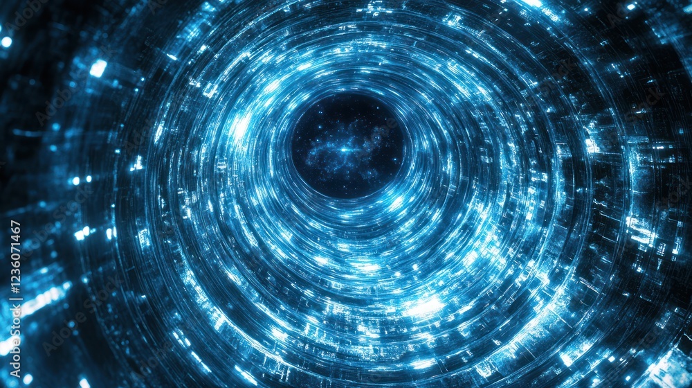 Blue digital vortex tunnel, cosmic background, futuristic tech