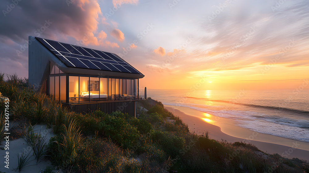 A sustainable beach house with solar panels reflecting the sunset, located on a serene, sandy beach. A sustainable beach house with solar panels reflecting the sunset, located on a serene, sandy beach.