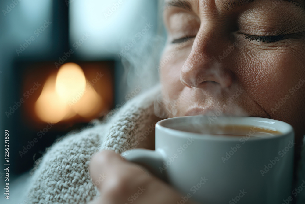Elderly caucasian woman enjoying warm beverage by fireplace Elderly caucasian woman enjoying warm beverage by fireplace