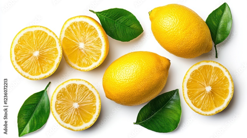 Fototapeta premium Fresh Yellow Lemons and Green Leaves on White Background