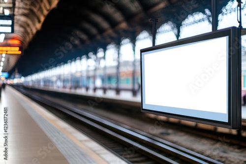 Fototapeta Naklejka Na Ścianę i Meble -  A train station interior with an empty sign hanging from the ceiling, perfect for use in travel or transportation themed projects