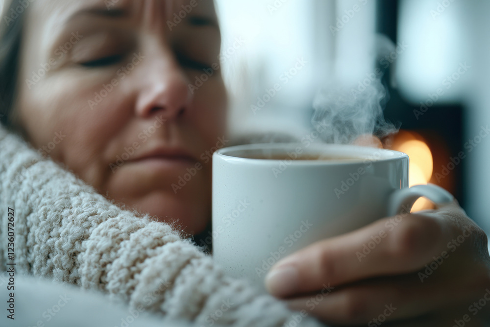 Mature caucasian female relaxing indoors with warm beverage by fireplace Mature caucasian female relaxing indoors with warm beverage by fireplace
