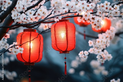 A pair of red lanterns suspended from a tree branch, ideal for use in festival or event photography photo