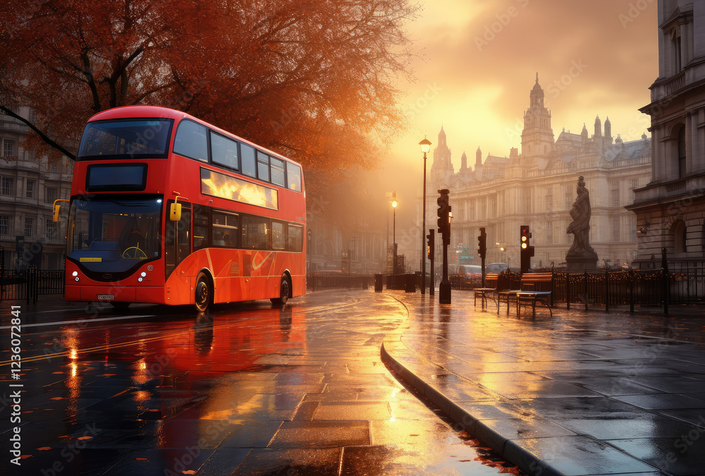 Obraz premium Sunset Glow on London's Iconic Red Bus